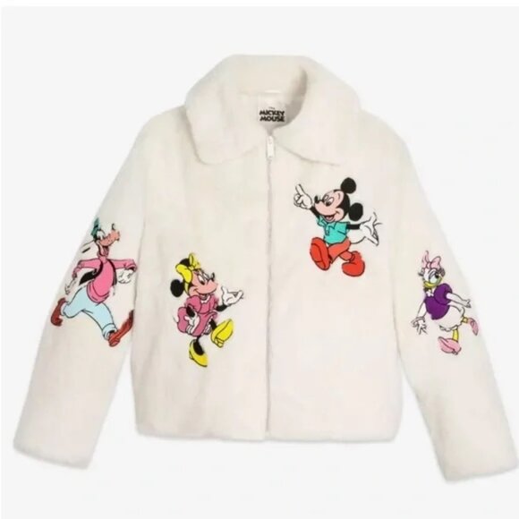 Disney Parks Disneyland Mickey Mouse & Friends embroidered Cream Plush Jacket L - Picture 1 of 16
